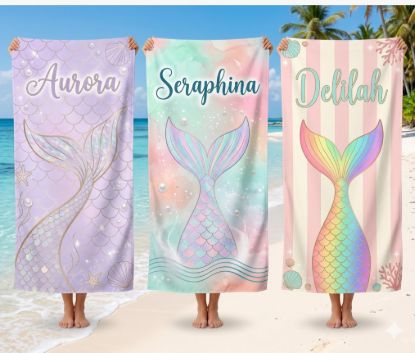 Picture of Personalized Mermaid Beach Towel for Girls, Custom Name Kids Beach Towel, Pastel Mermaid Tail Pool Towel, Summer Vacation Gift, Mermaid Girl