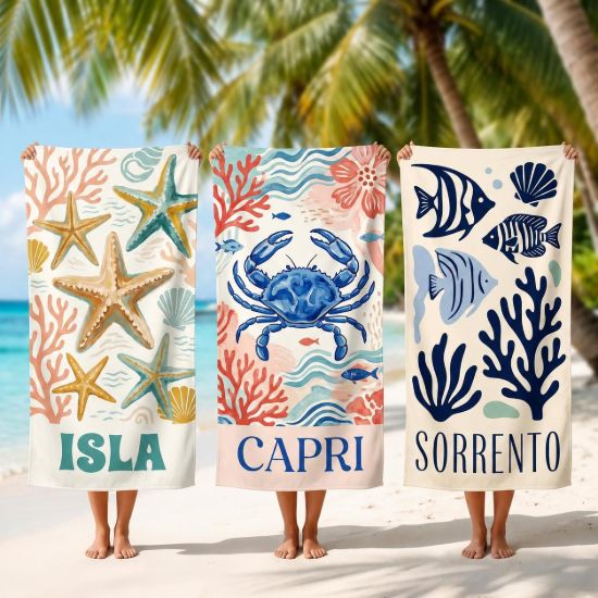 Picture of Custom Coastal Beach Towel for Kids & Adults, Personalized Ocean Towel, Nautical Pool Towel, Summer Vacation Gift, Beach Towel Sea Animals