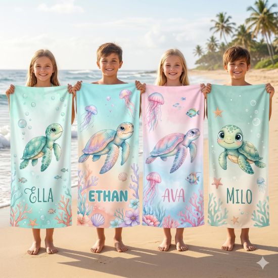 Picture of Personalized Sea Turtle Beach Towel for Kids, Custom Name Summer Towel, Cute Ocean Turtle Bath Towel, Jellyfish Coral Beach Towel Blanket