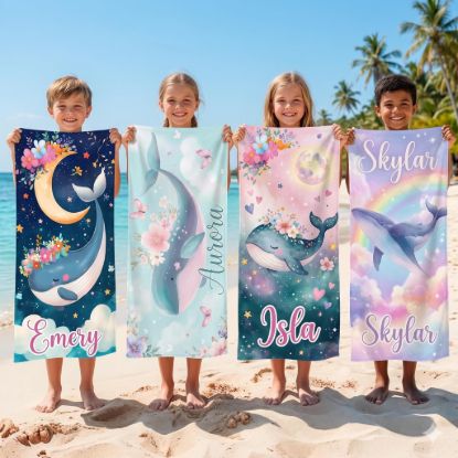 Picture of Personalized Whale Beach Towel for Kids, Custom Name Summer Towel, Cute Ocean Beach Blanket, Mermaid Whale Pool Towel for Girls Boys