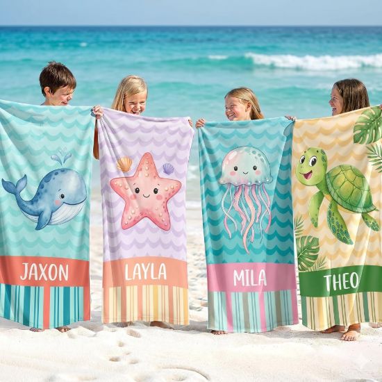Picture of Personalized Kids Beach Towel, Custom Name Ocean Towel, Cute Sea Animal Towel for Kids, Whale Turtle Jellyfish Starfish Kid Beach Towel