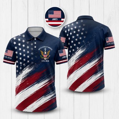 Picture of Custom Christian Patriotic Polo Shirt Personalized USA Flag Polo American Eagle Cross Shirt 1776 2026 Independence Day Polo 4th July Shirt