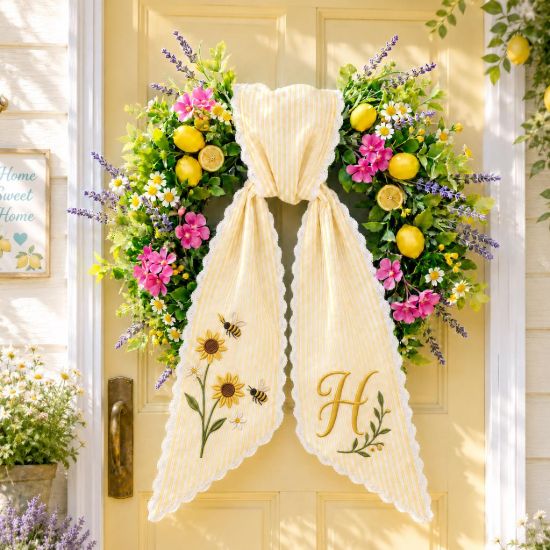 Picture of Personalized Sunflower Bee Wreath Sash Bow, Custom Monogram Door Wreath Bow, Embroidered Spring Summer Front Door Decor, Gardening Decor