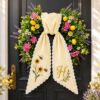 Picture of Personalized Sunflower Bee Wreath Sash Bow, Custom Monogram Door Wreath Bow, Embroidered Spring Summer Front Door Decor, Gardening Decor