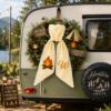 Picture of Personalized Embroidered Camping Wreath Sash, Happy Camper Door Hanger Bow, Campfire Monogram Sash, RV Camper Decor, Glamping Wreath Accent