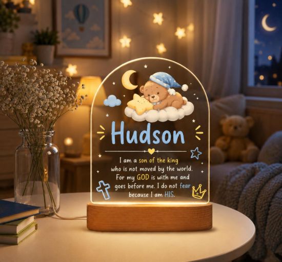 Picture of Personalized Christian Night Light for Boys, Custom Acrylic LED Lamp Name, Son of the King Bible Verse Light, Nursery Decor Gift Birthday