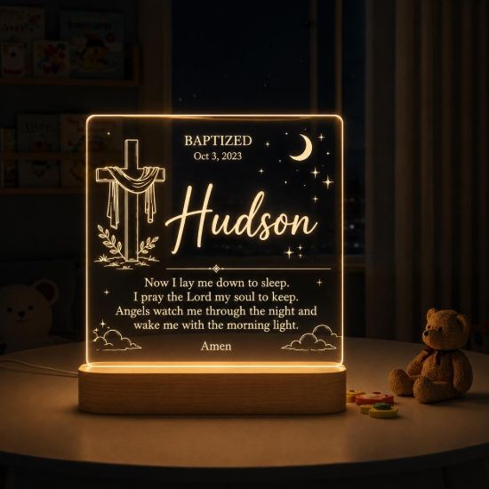 Picture of Personalized Baptism Night Light for Boys, Custom Acrylic LED Lamp with Name & Baptism Date, Christian Nursery Decor, Baby Baptism Gift