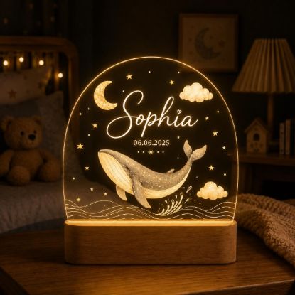 Picture of Personalized Whale Night Light, Custom Name Ocean Nursery Lamp, Baby Whale LED Acrylic Light, Under the Sea Nursery Decor, Baby Shower Gift