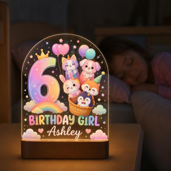 Picture of Personalized  Birthday Girl Night Light, Custom Name LED Lamp, Cute Animal Birthday Decor, 6 Year Old Girl Gift, Kids Bedroom Night Light