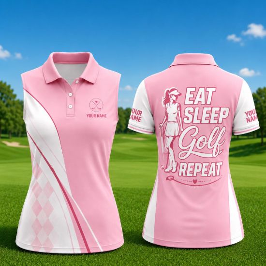 Picture of Personalized Women’s Golf Polo Shirt, Eat Sleep Golf Repeat Pink Golf Jersey, Custom Name Sleeve, Golfer Gift for Her, Golf Girl Polo Shirt