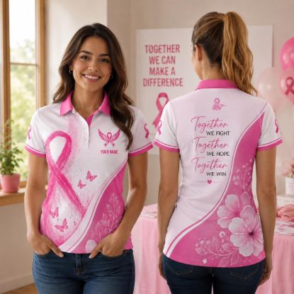 Picture of Personalized Breast Cancer  Women's Sleeveless Polo Shirt, Custom Cancer Fighter Polo Top, Breast Cancer Awareness Month October Polo Shirt