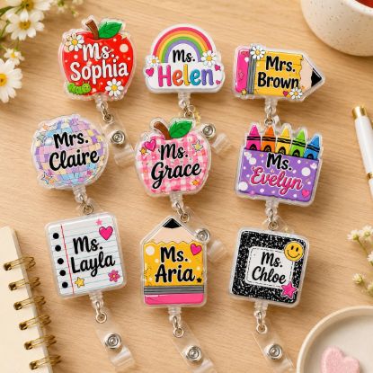 Picture of Personalized Teacher Badge Reel, Custom Pencil Badge Holder, Retractable Nurse ID Reel, Teacher Name Badge Clip, Back To School  Badge Reel