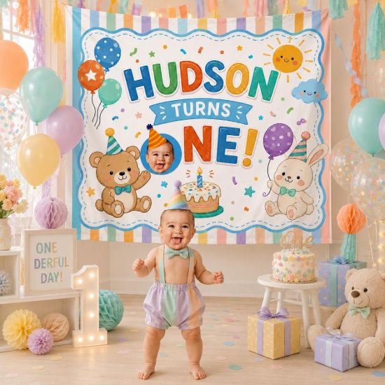 Picture of Custom First Birthday Banner, One-derful Birthday Backdrop, Personalized Baby Photo Banner, Pastel Rainbow 1st Birthday Party Decoration