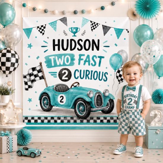 Picture of Two Fast Birthday Banner, Race Car 2nd Birthday Backdrop, Personalized Two Fast Two Curious Party Banner, Custom Car Birthday Decoration