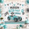 Picture of Two Fast Birthday Banner, Race Car 2nd Birthday Backdrop, Personalized Two Fast Two Curious Party Banner, Custom Car Birthday Decoration