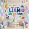 Picture of Two The Moon Birthday Backdrop, Personalized 2nd Birthday Banner, Space Birthday Tapestry, Boy 2nd Birthday Party Decor, Birthday Boy Banner