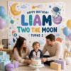 Picture of Two The Moon Birthday Backdrop, Personalized 2nd Birthday Banner, Space Birthday Tapestry, Boy 2nd Birthday Party Decor, Birthday Boy Banner