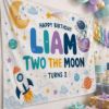 Picture of Two The Moon Birthday Backdrop, Personalized 2nd Birthday Banner, Space Birthday Tapestry, Boy 2nd Birthday Party Decor, Birthday Boy Banner