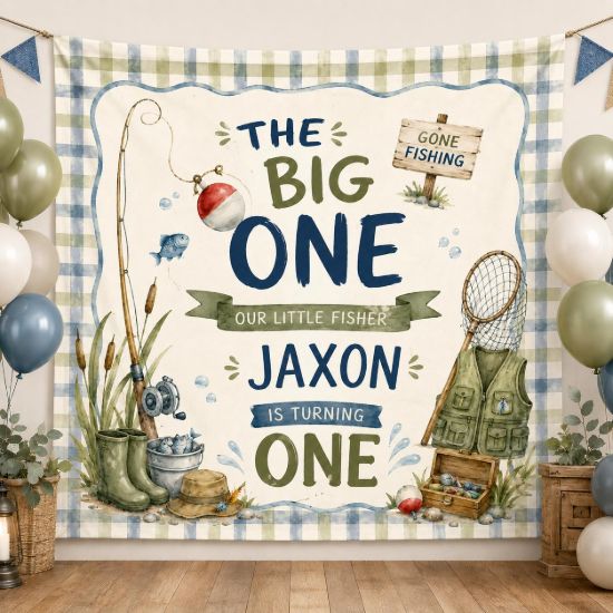 Picture of Fishing First Birthday Banner, The Big One Birthday Backdrop, Gone Fishing Party Decor, Custom Boy 1st Birthday Tapestry  Birthday Boy