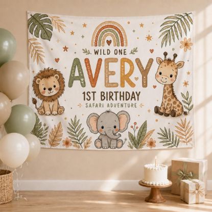 Picture of Personalized Wild One Birthday Backdrop, Safari 1st Birthday Banner, Custom Name Jungle Tapestry, Boho Animal Party Photo Booth Wall Decor