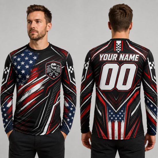 Picture of Personalized Racing Jersey Shirt, Custom Name Number Race Car Shirt, American Flag Motorsport Tee, Short Sleeve Pit Crew Shirt, Racer Gift