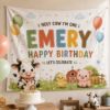 Picture of Holy Cow I'm One Birthday Backdrop, Personalized Farm 1st Birthday Banner, Custom Name Barnyard Tapestry, Cow Party Photo Booth Decor