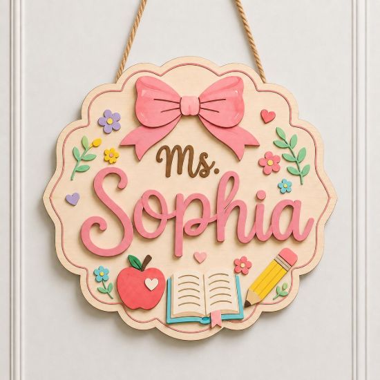 Picture of Custom Teacher Door Hanger Sign, Personalized Classroom Name, Back to School Classroom Decor, Teacher Appreciation Gift, Wooden School Sign