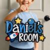 Picture of Personalized Kids Room Sign, Custom Space Door Hanger, Rocket Name Sign, Boys Bedroom Decor, Nursery Wall Art, Outer Space Gift, Kids Gift