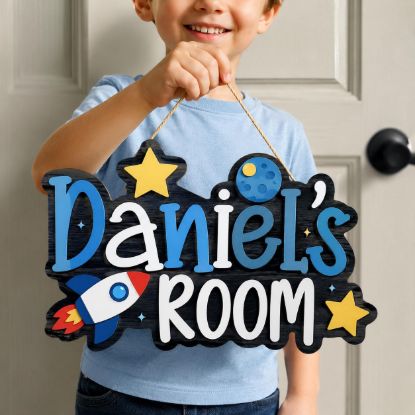 Picture of Personalized Kids Room Sign, Custom Space Door Hanger, Rocket Name Sign, Boys Bedroom Decor, Nursery Wall Art, Outer Space Gift, Kids Gift