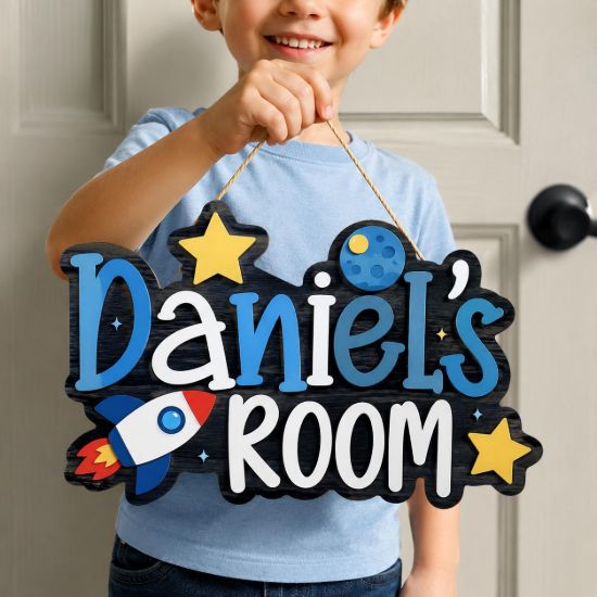 Picture of Personalized Kids Room Sign, Custom Space Door Hanger, Rocket Name Sign, Boys Bedroom Decor, Nursery Wall Art, Outer Space Gift, Kids Gift