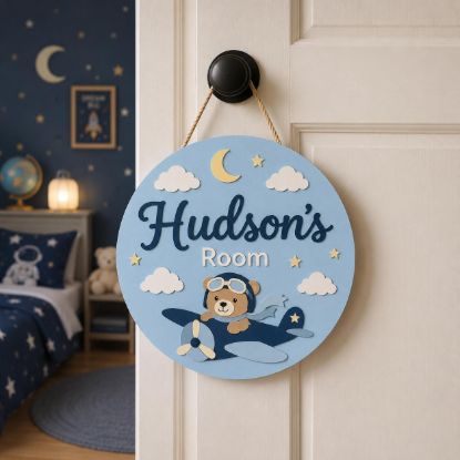 Picture of Personalized Kids Room Wood Sign, Custom Airplane Door Hanger, Teddy Bear Name Sign, Baby Boy Nursery Decor, Round Wall Art, Kids Room Gift