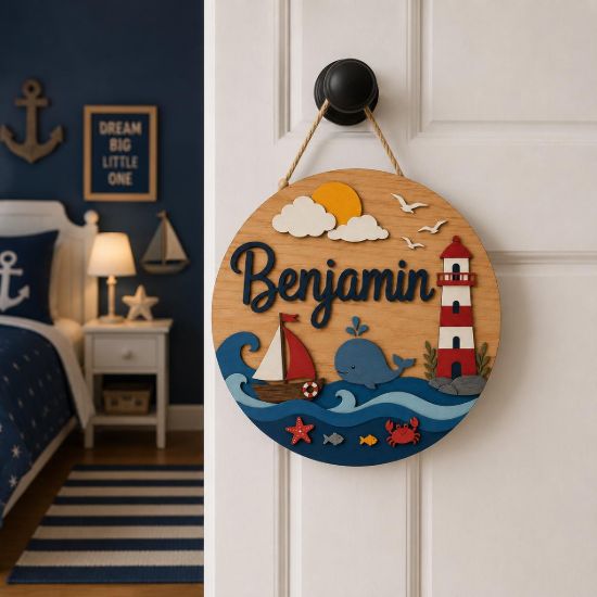 Picture of Personalized Ocean Nautical Name Sign, Custom Kids Room Door Hanger, Whale Lighthouse Nursery Wall Decor, Ocean Baby Gift, Round Wood Sign