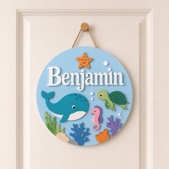 Picture of Personalized Ocean Name Sign, Custom Under The Sea Door Hanger, Whale Turtle Nursery Wall Decor, Kids Room Baby Gift, Round Wood Sign Gift