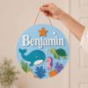 Picture of Personalized Ocean Name Sign, Custom Under The Sea Door Hanger, Whale Turtle Nursery Wall Decor, Kids Room Baby Gift, Round Wood Sign Gift