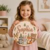 Picture of Personalized Woodland Name Sign, Custom Kids Room Door Hanger, Forest Animal Nursery Wall Decor, Baby Room Gift, Round Wood Sign Animal