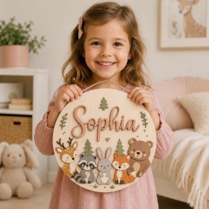 Picture of Personalized Woodland Name Sign, Custom Kids Room Door Hanger, Forest Animal Nursery Wall Decor, Baby Room Gift, Round Wood Sign Animal