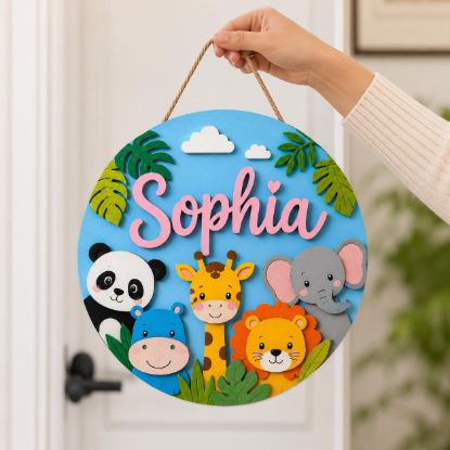 Picture of Personalized Safari Name Sign, Custom Jungle Animal Door Hanger, Kids Room Nursery Wall Decor, Baby Girl Nursery Gift, Round Wood Sign Hang