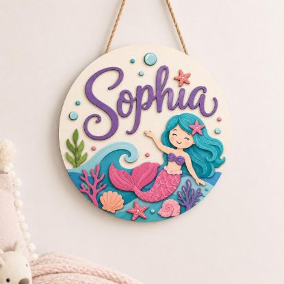 Picture of Personalized Mermaid Name Sign, Custom Girls Room Door Hanger, Under The Sea Nursery Wall Decor, Ocean Theme Gift, Kids Round Wood Sign