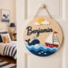 Picture of Personalized Nautical Name Sign, Custom Ocean Nursery Door Hanger, Whale Sailboat Wall Decor, Boys Room Decor, Round Wood Baby Gift Ocean