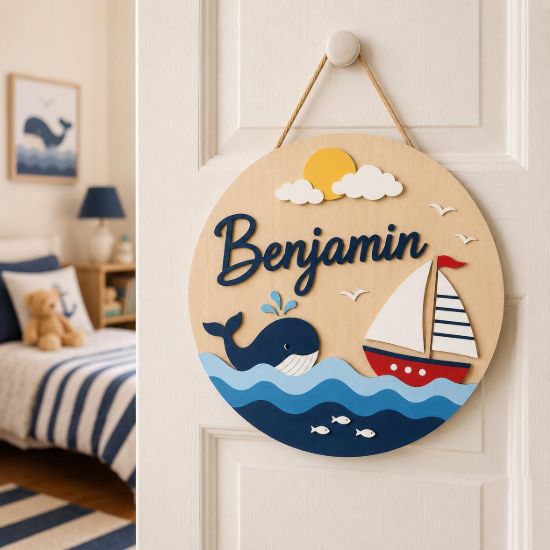 Picture of Personalized Nautical Name Sign, Custom Ocean Nursery Door Hanger, Whale Sailboat Wall Decor, Boys Room Decor, Round Wood Baby Gift Ocean