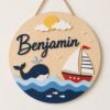 Picture of Personalized Nautical Name Sign, Custom Ocean Nursery Door Hanger, Whale Sailboat Wall Decor, Boys Room Decor, Round Wood Baby Gift Ocean