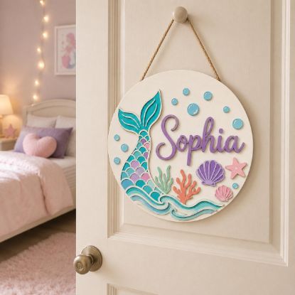 Picture of Personalized Mermaid Tail Name Sign, Custom Girls Room Door Hanger, Under The Sea Nursery Wall Decor, Ocean Baby Gift, Round Wood Sign