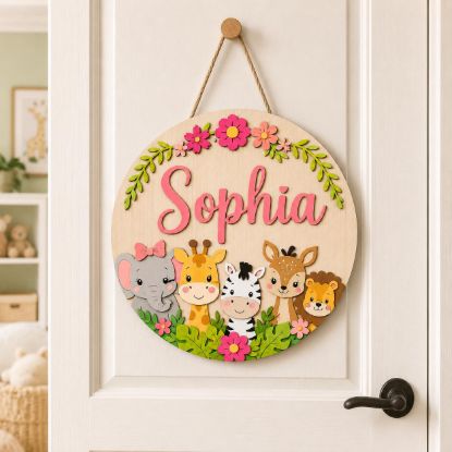 Picture of Personalized Safari Girl Name Sign, Custom Jungle Animal Door Hanger, Baby Girl Nursery Wall Decor, Kids Bedroom Door Gift, Round Wood Sign