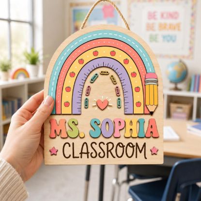 Picture of Personalized Teacher Classroom Door Sign, Rainbow Wooden Door Hanger, Custom Teacher Name Sign, Classroom Decor Gift, Back To School Gift