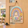 Picture of Personalized Teacher Classroom Door Sign, Rainbow Wooden Door Hanger, Custom Teacher Name Sign, Classroom Decor Gift, Back To School Gift