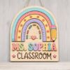 Picture of Personalized Teacher Classroom Door Sign, Rainbow Wooden Door Hanger, Custom Teacher Name Sign, Classroom Decor Gift, Back To School Gift