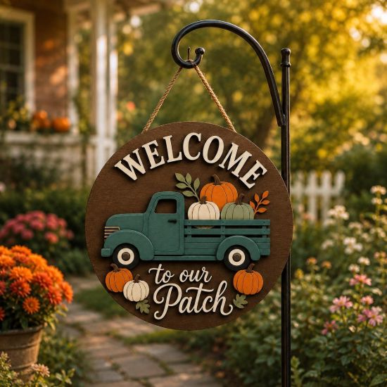 Picture of Personalized Fall Pumpkin Truck Door Sign, Welcome to Our Patch Wooden Door Hanger, Rustic Farmhouse Autumn Porch Decor Patch Autumn