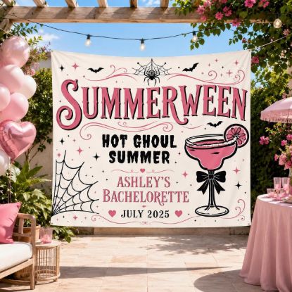 Picture of Personalized Summerween Bachelorette Banner, Custom Halloween Beach Party Tapestry, Hot Ghoul Summer Bridal Shower Backdrop Halloween Gift