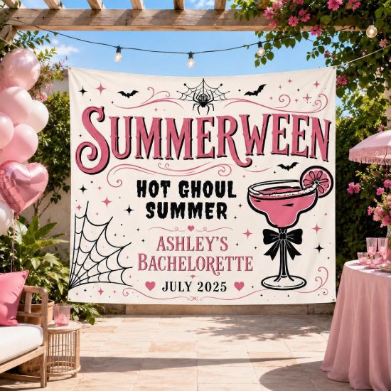 Picture of Personalized Summerween Bachelorette Banner, Custom Halloween Beach Party Tapestry, Hot Ghoul Summer Bridal Shower Backdrop Halloween Gift