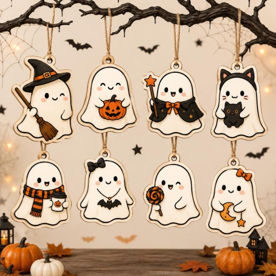 Picture of Cute Halloween Ghost Ornament, 2D Flat Ghost Tree Decor, Personalized Spooky Pumpkin Ornament, Halloween Party Decor, Fall Hanging Gift